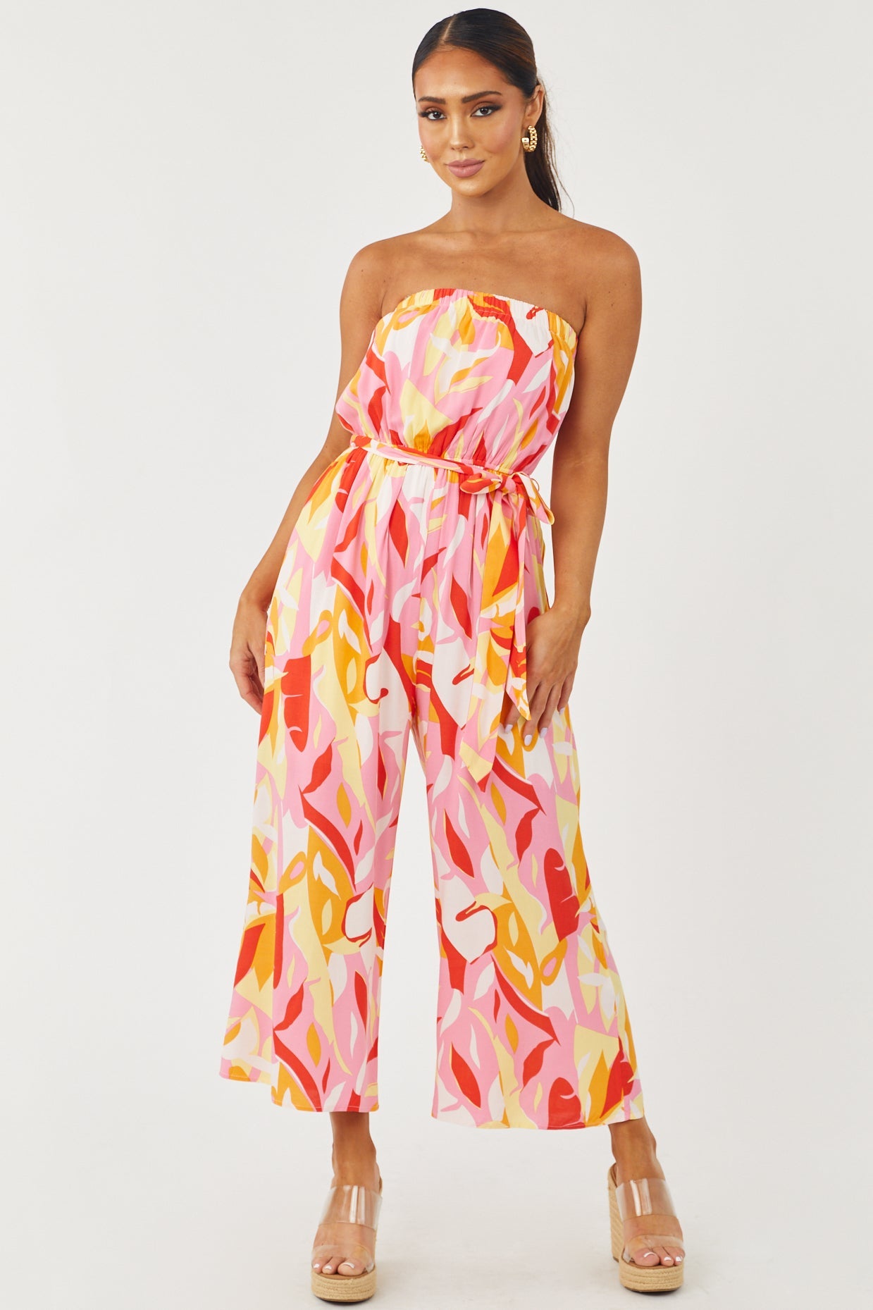 Baby Pink Printed Strapless Waist Tie Jumpsuit
