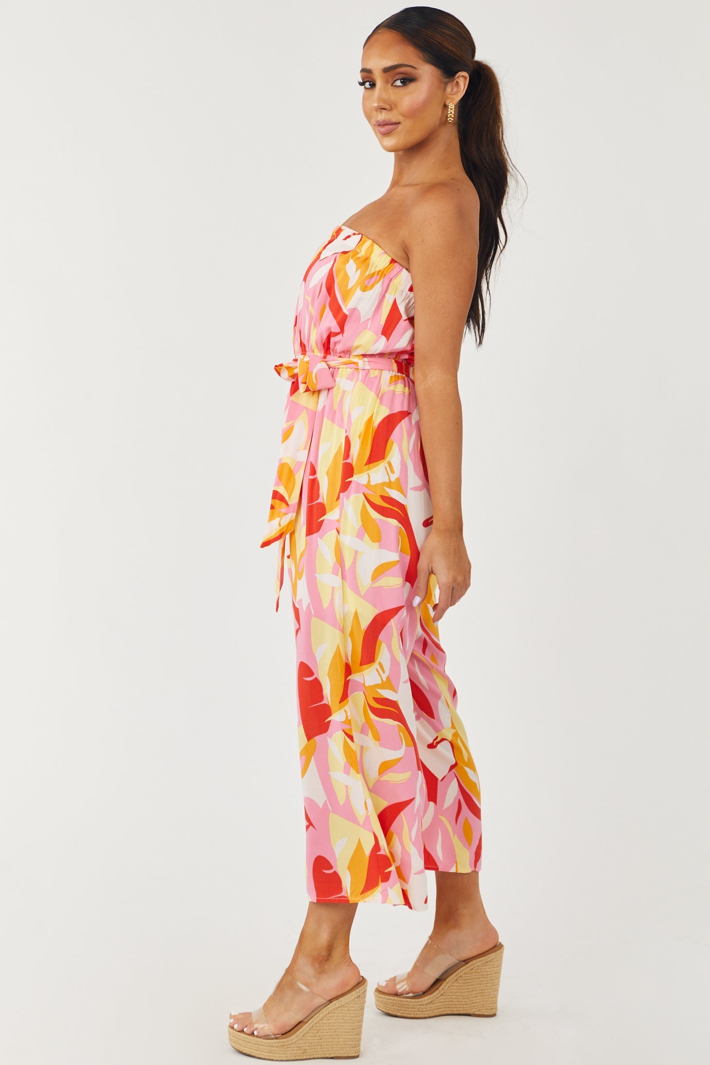 Baby Pink Printed Strapless Waist Tie Jumpsuit