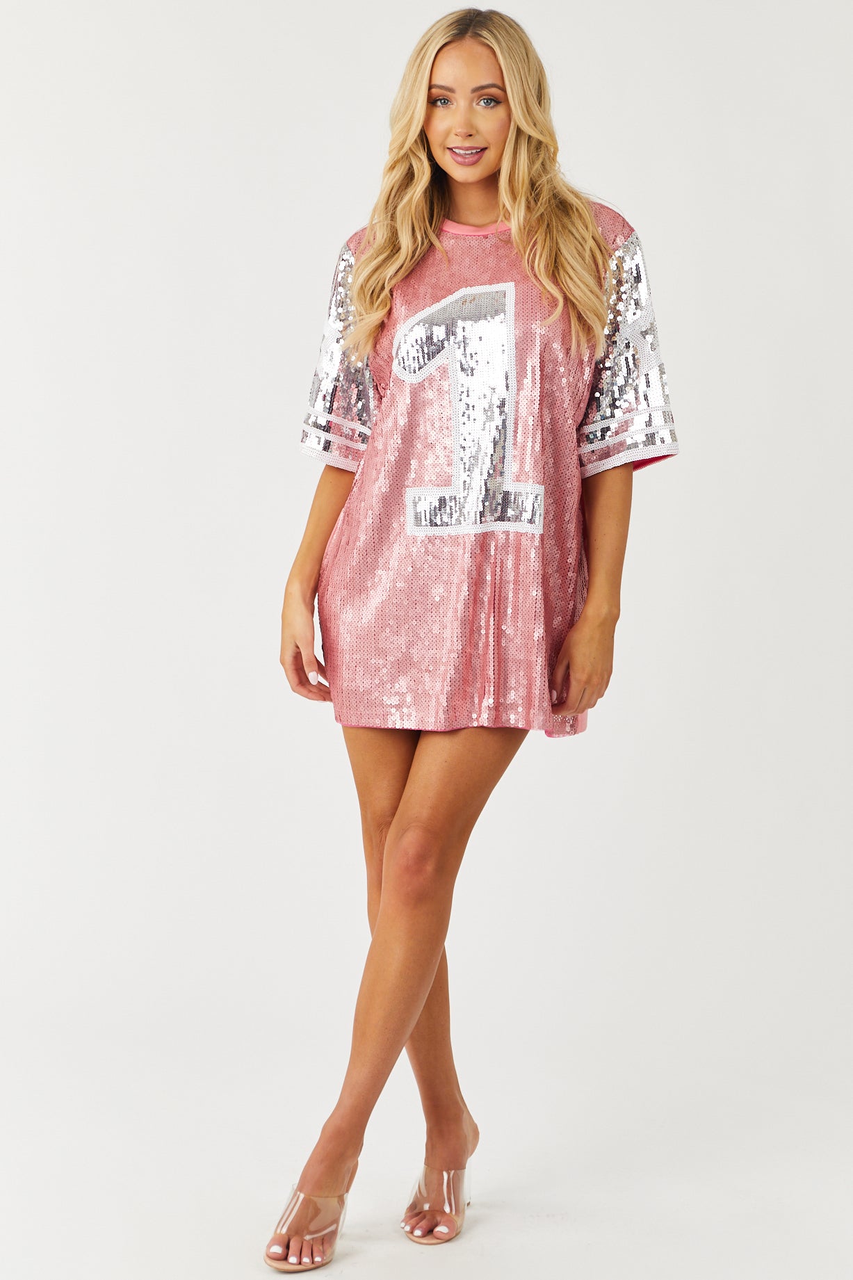 Baby Pink Sequined '1' Jersey Tee Shirt Dress
