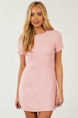 Baby Pink Tweed Short Sleeve Sheath Mini Dress