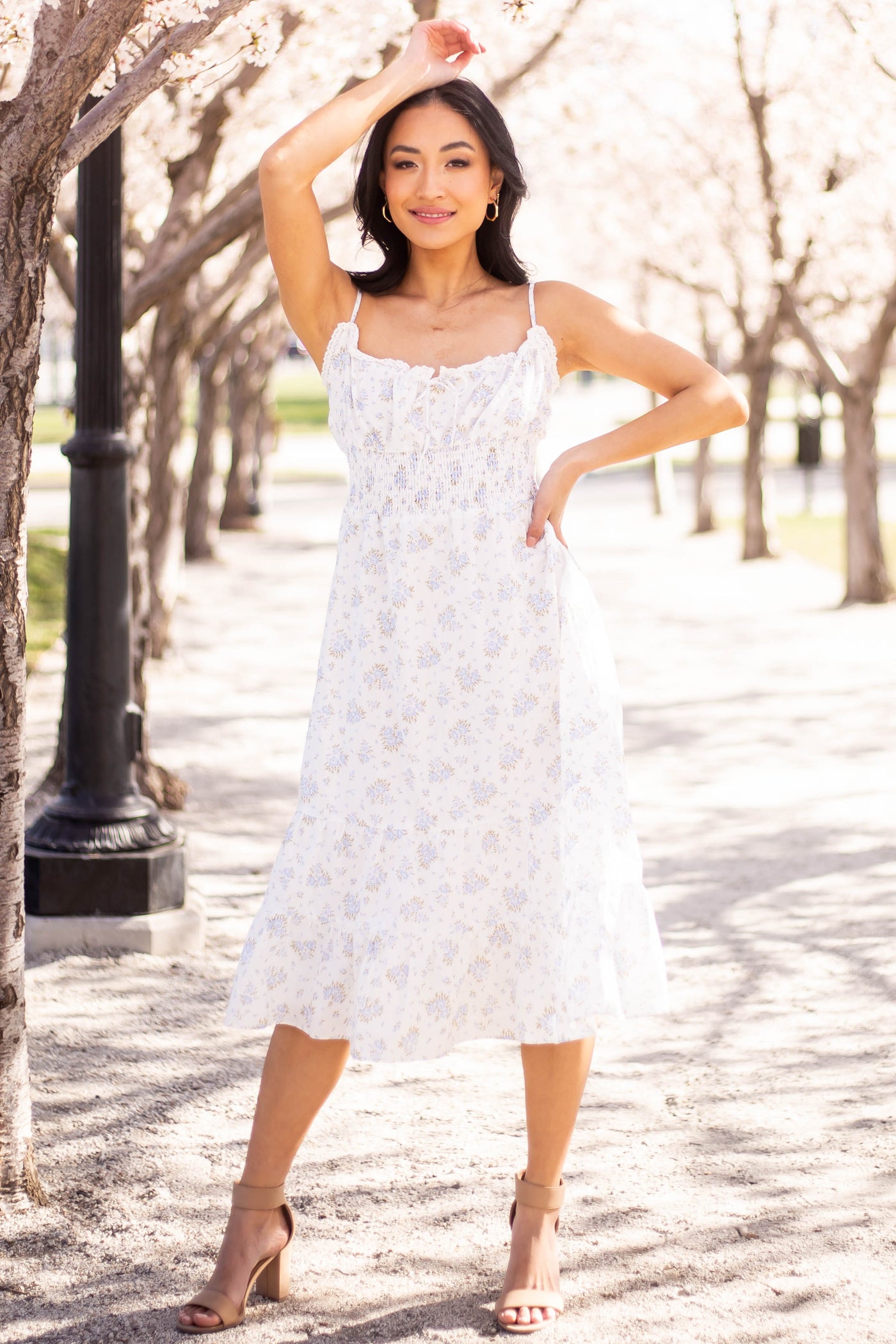 Baby Blue Floral Sleeveless Midi Tiered Dress