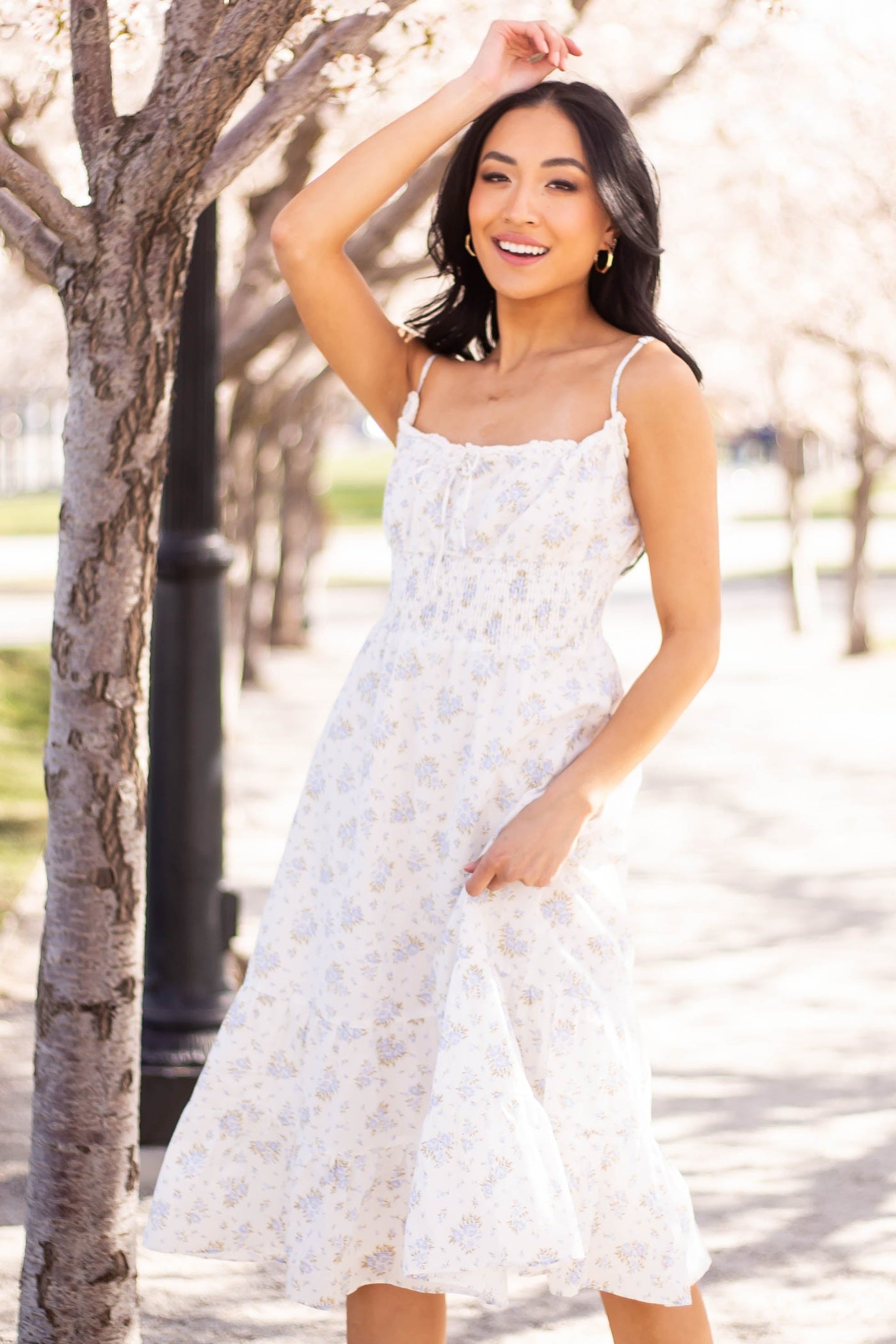 Baby Blue Floral Sleeveless Midi Tiered Dress