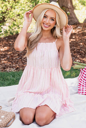 Baby Pink Gingham Stripe Print Tiered Dress