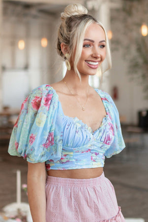 Baby Blue Floral Bubble Sleeve Ruched Crop Top 