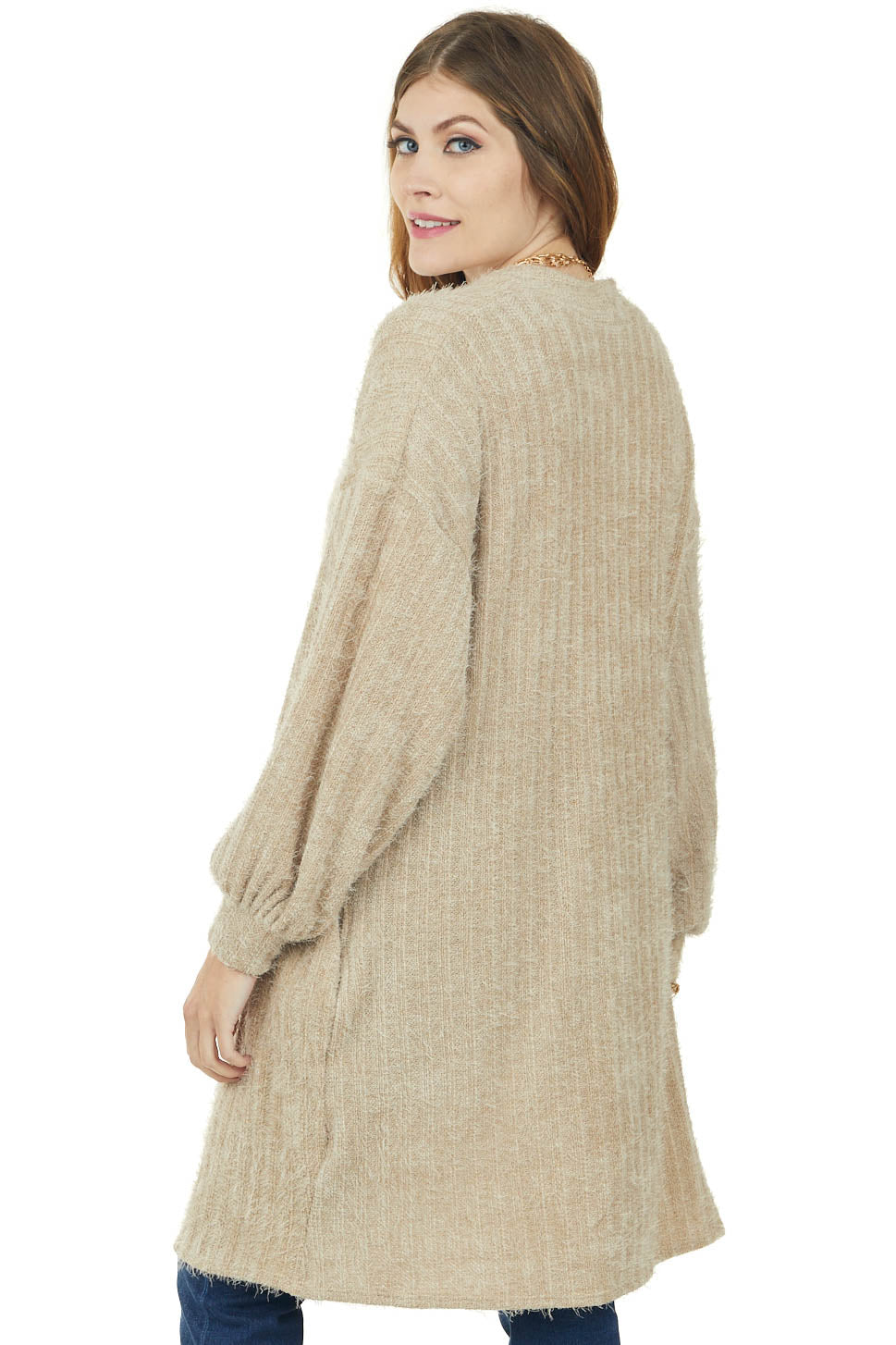 Beige Bubble Sleeve Fuzzy Chenille Knit Cardigan
