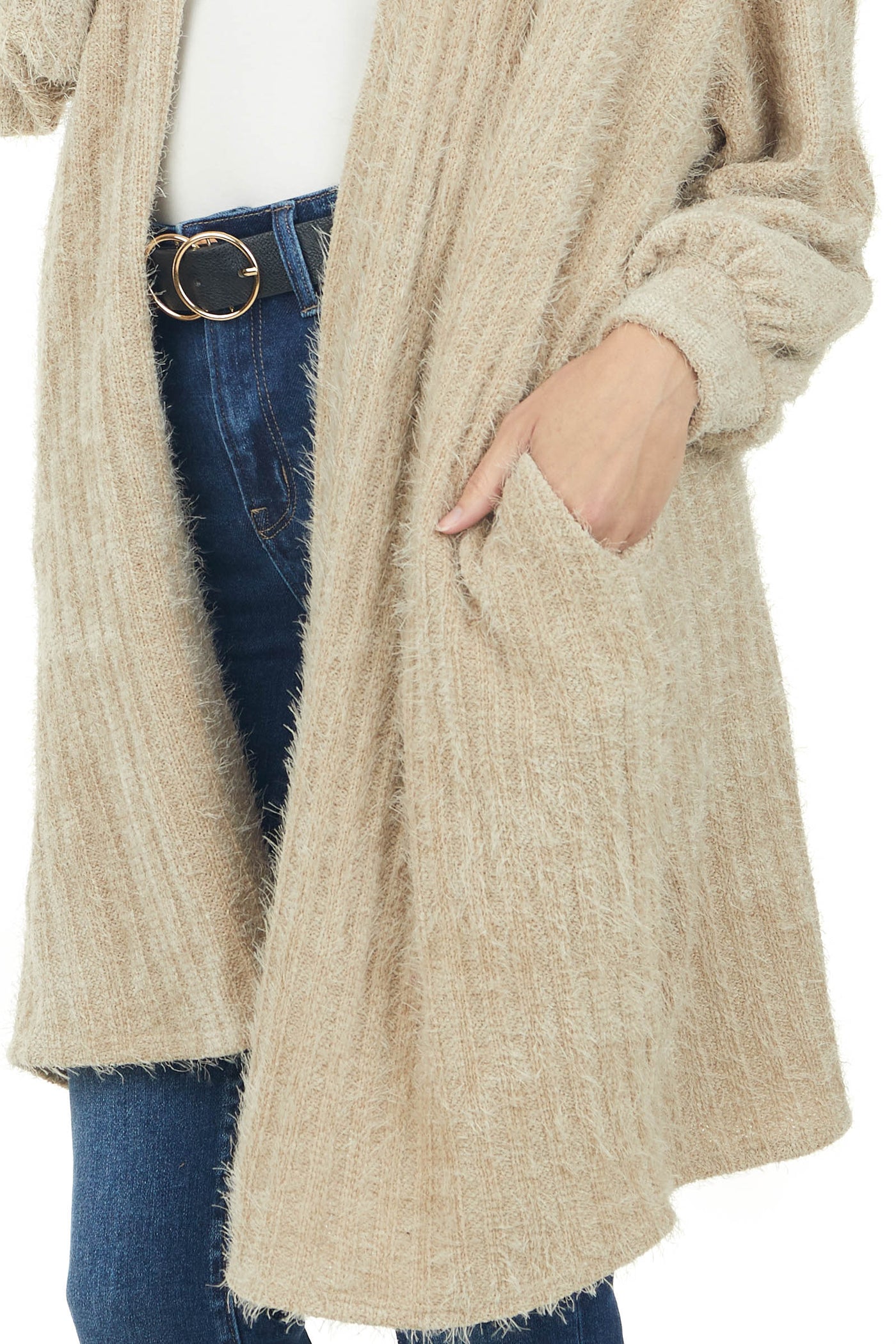 Beige Bubble Sleeve Fuzzy Chenille Knit Cardigan