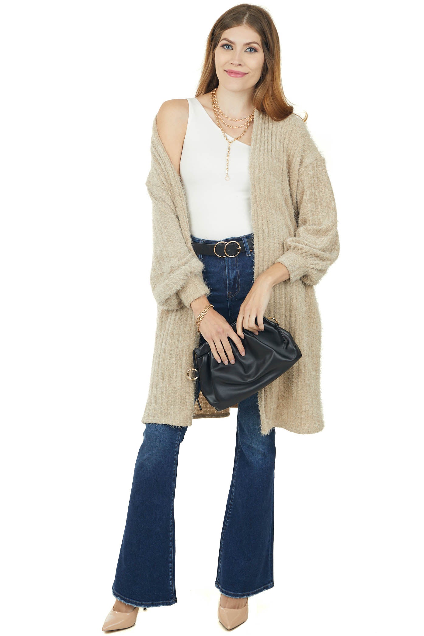 Beige Bubble Sleeve Fuzzy Chenille Knit Cardigan
