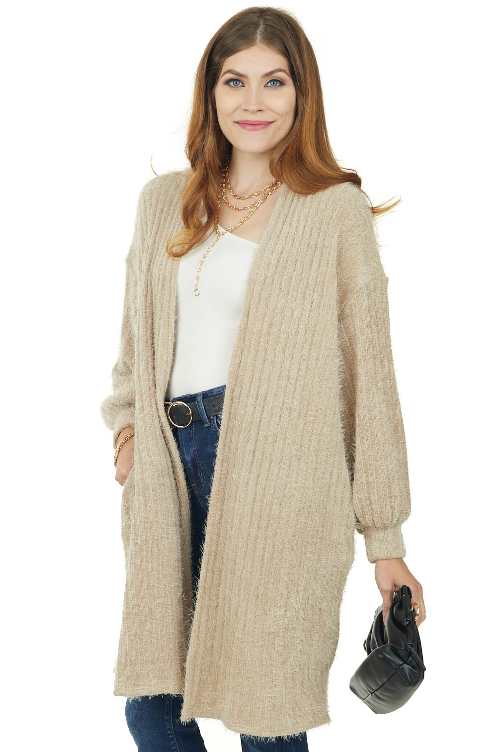 Beige Bubble Sleeve Fuzzy Chenille Knit Cardigan