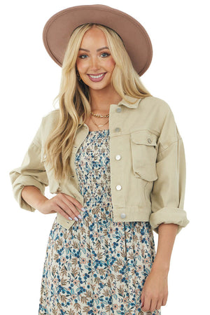 Beige Button Up Cargo Chest Pocket Collared Jacket