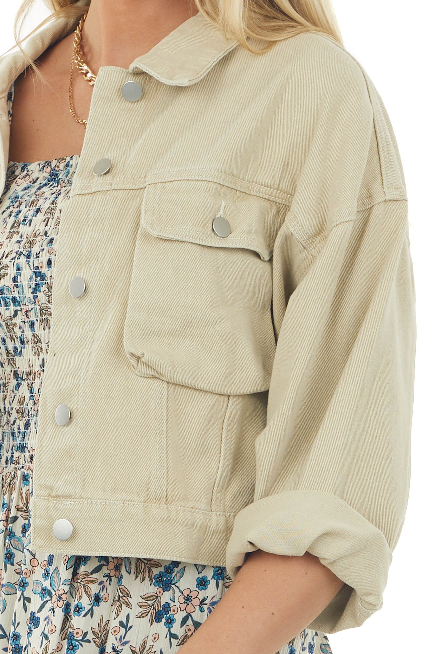 Beige Button Up Cargo Chest Pocket Collared Jacket