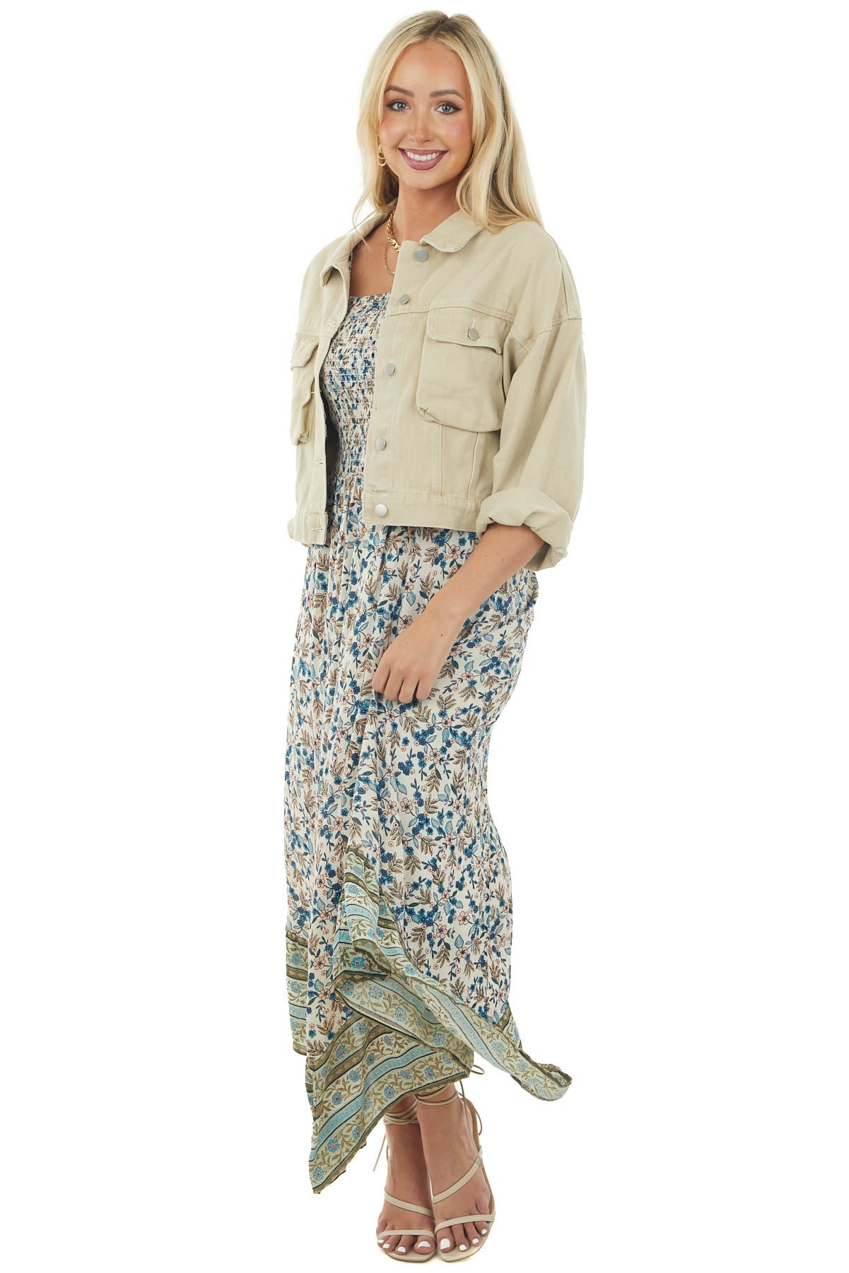 Beige Button Up Cargo Chest Pocket Collared Jacket