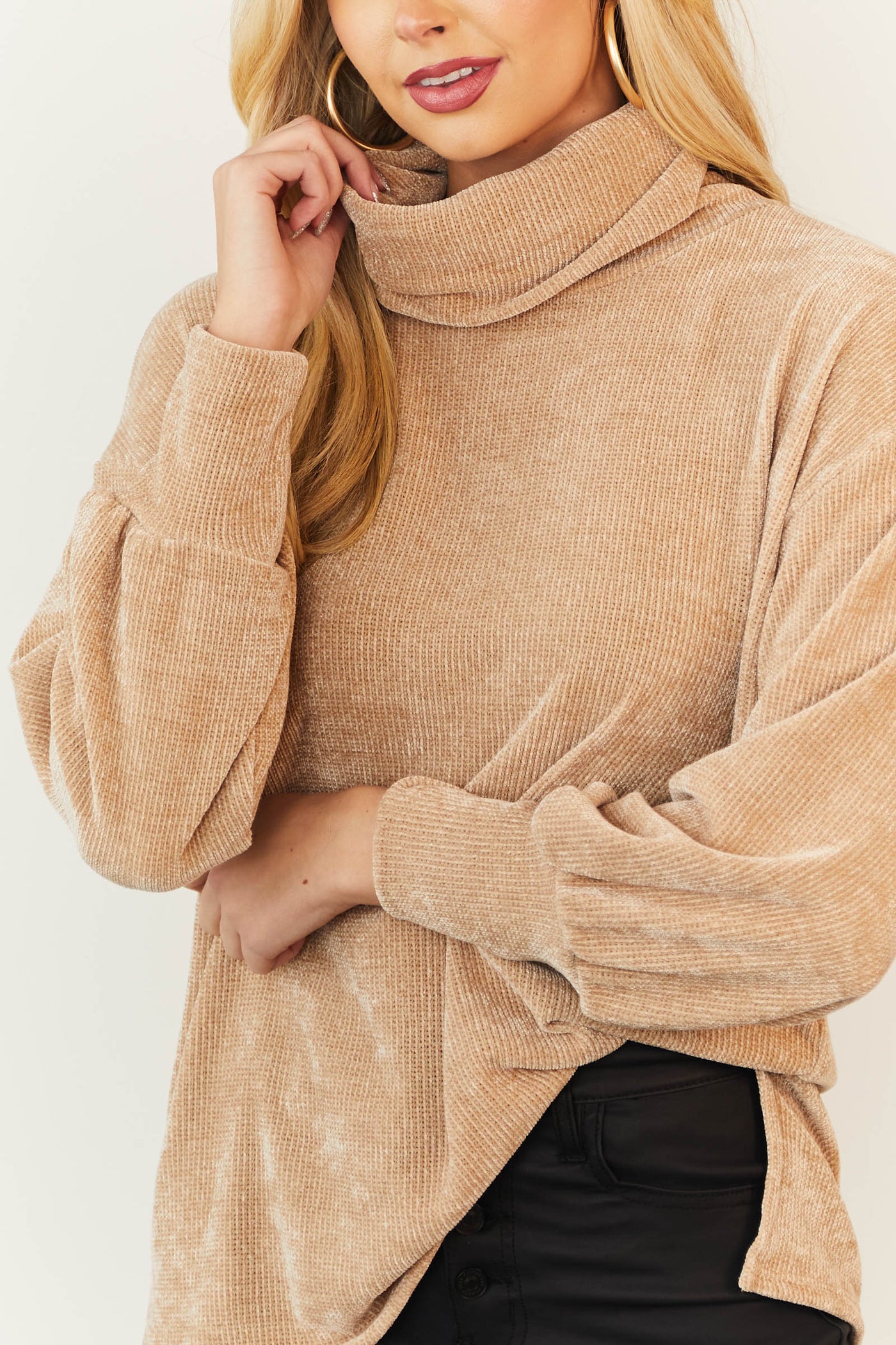 Beige Chenille Cowl Neck Drop Shoulder Sweater