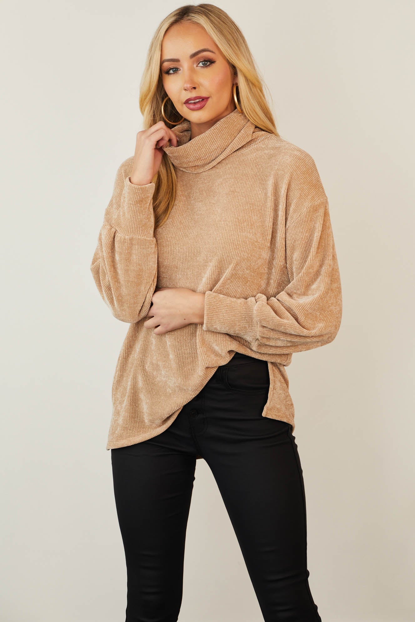 Beige Chenille Cowl Neck Drop Shoulder Sweater