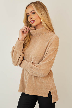 Beige Chenille Cowl Neck Drop Shoulder Sweater