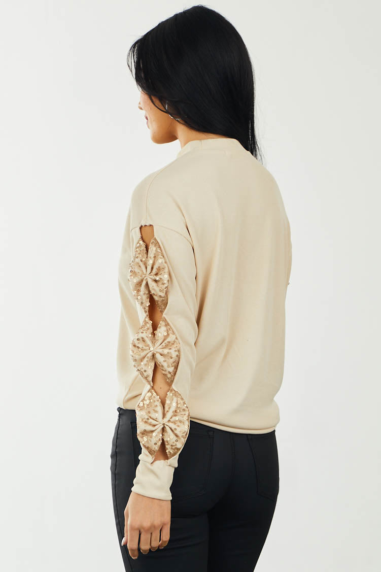 Beige Chest Cut Out Bow Sleeve Ribbed Top