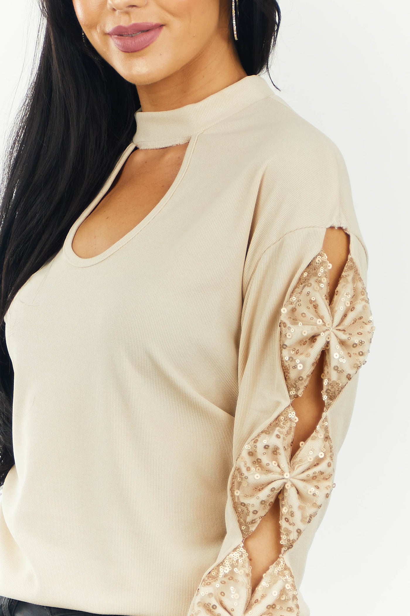 Beige Chest Cut Out Bow Sleeve Ribbed Top