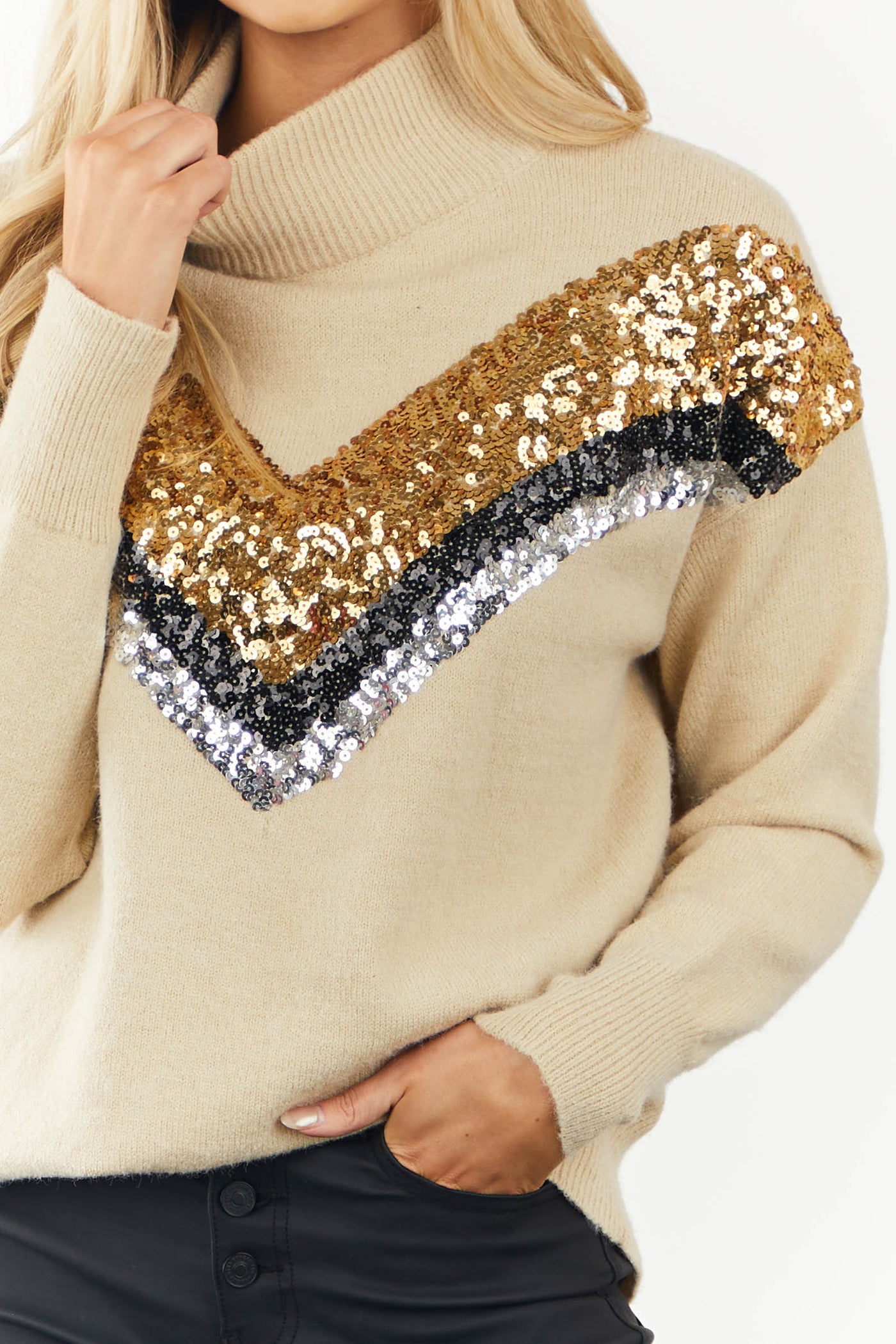 Beige Chevron Sequin Mock Neck Sweater