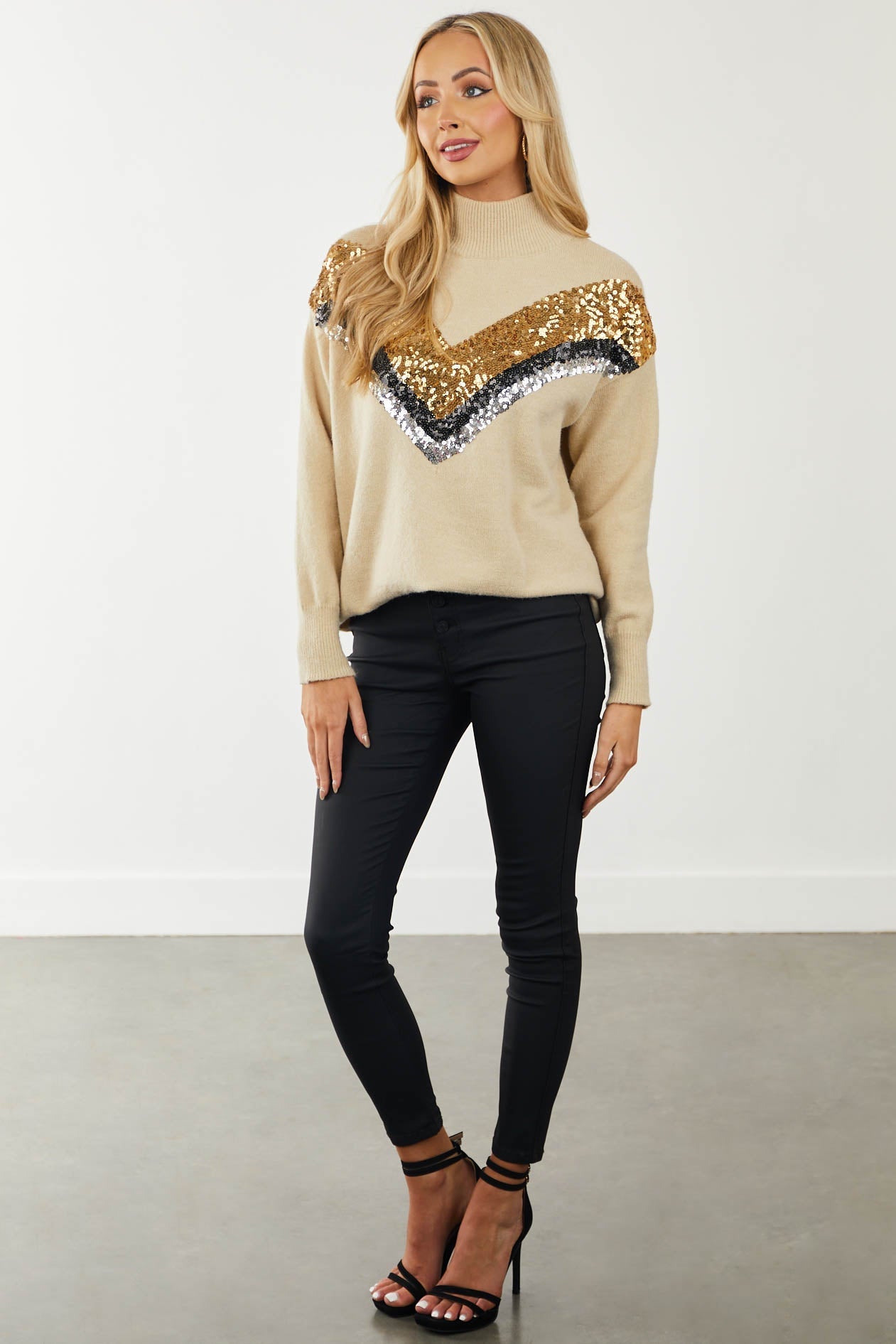Beige Chevron Sequin Mock Neck Sweater