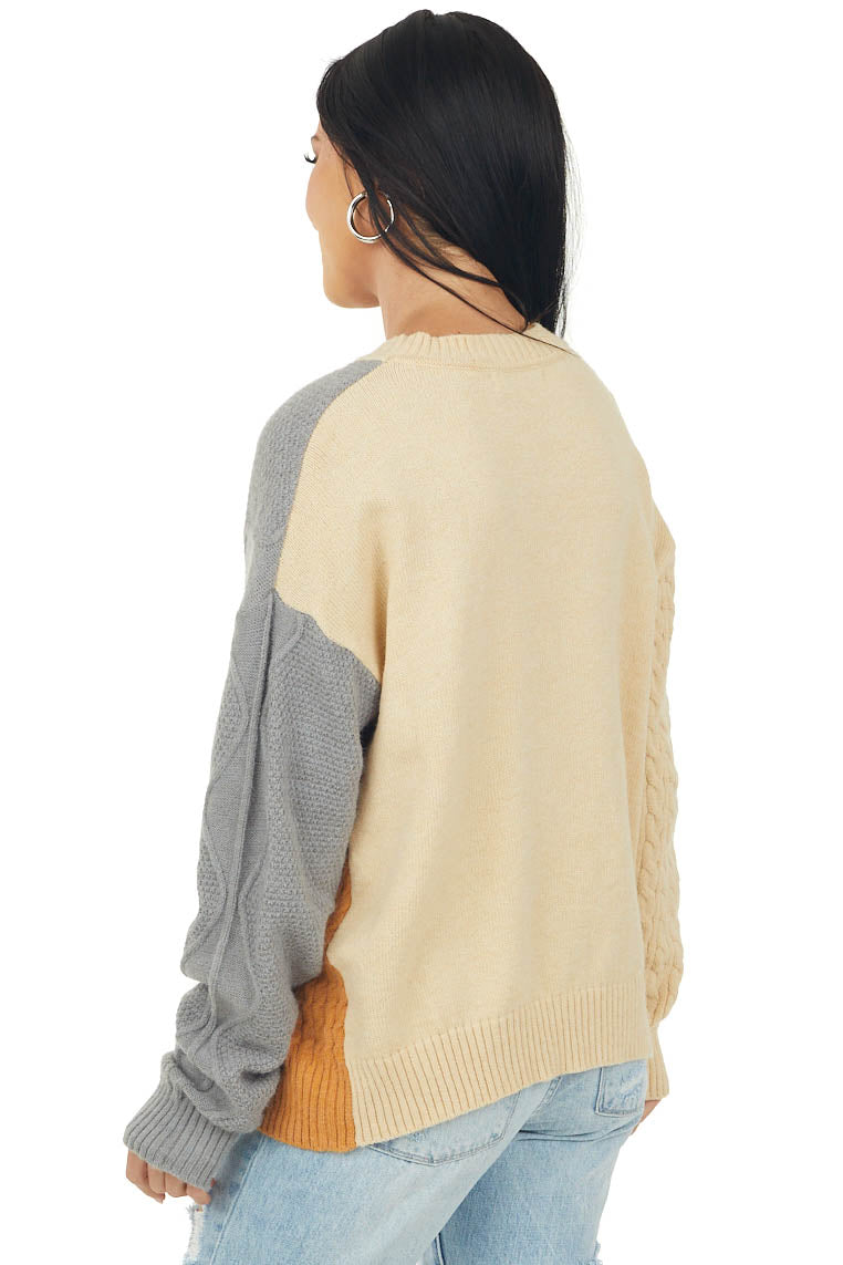 Beige Colorblock Long Sleeve Cable Knit Sweater