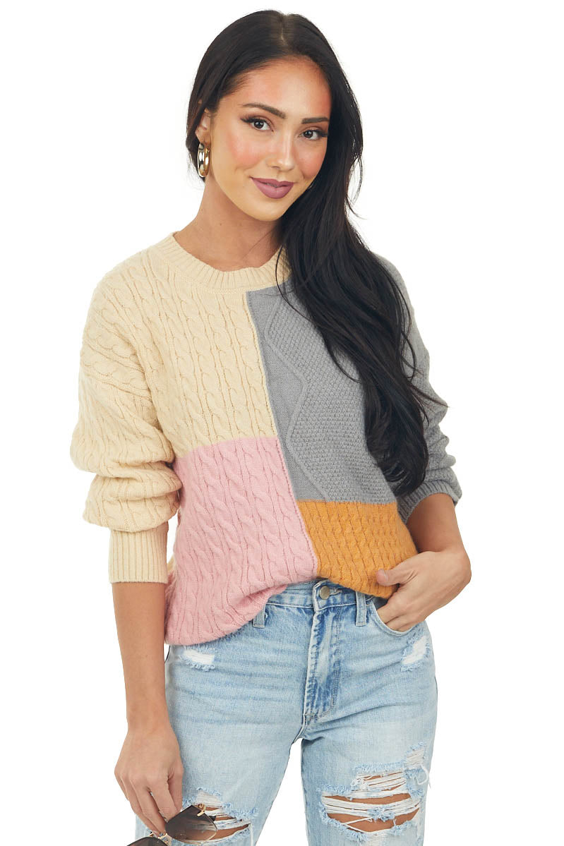 Beige Colorblock Long Sleeve Cable Knit Sweater