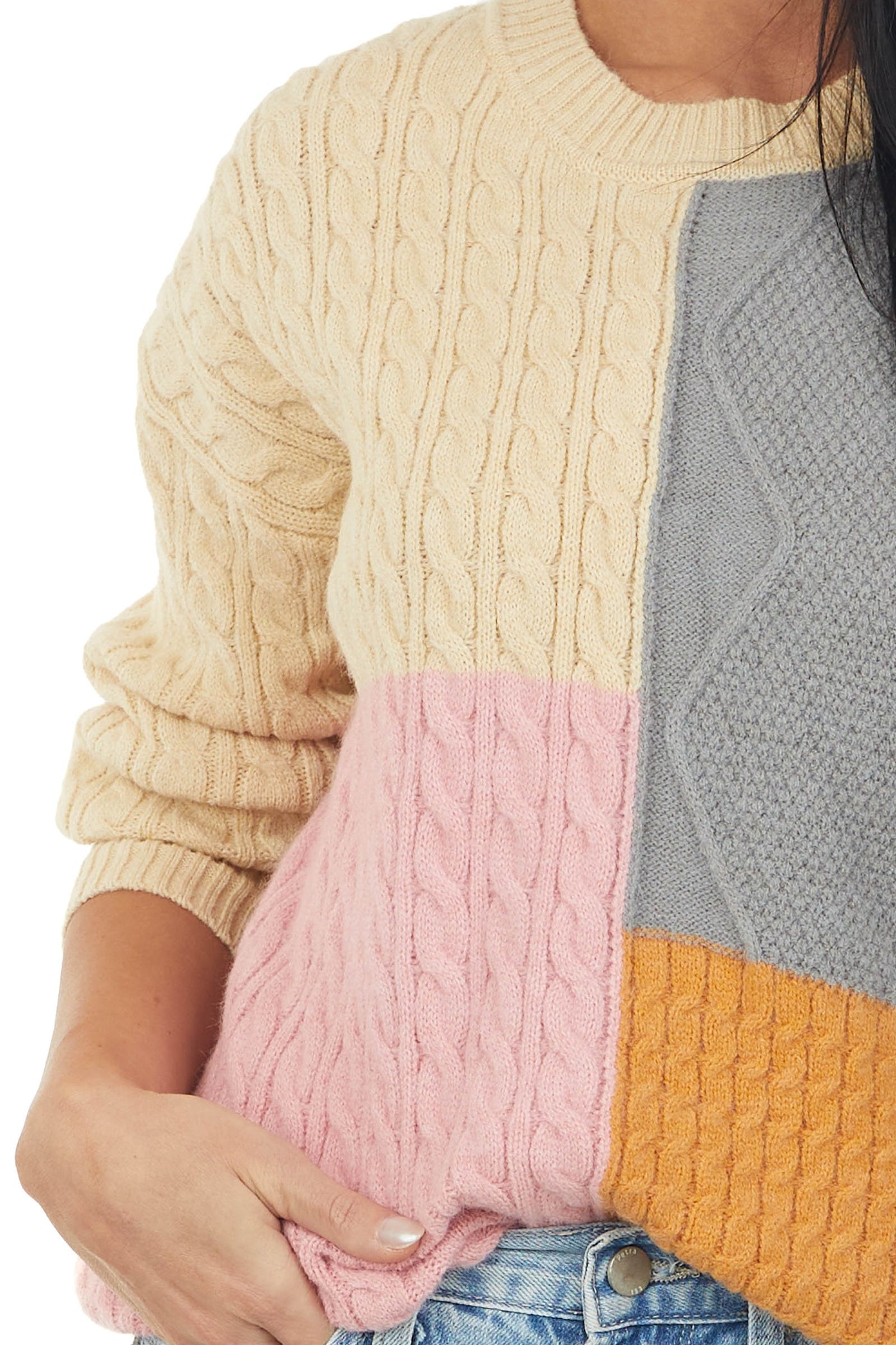 Beige Colorblock Long Sleeve Cable Knit Sweater