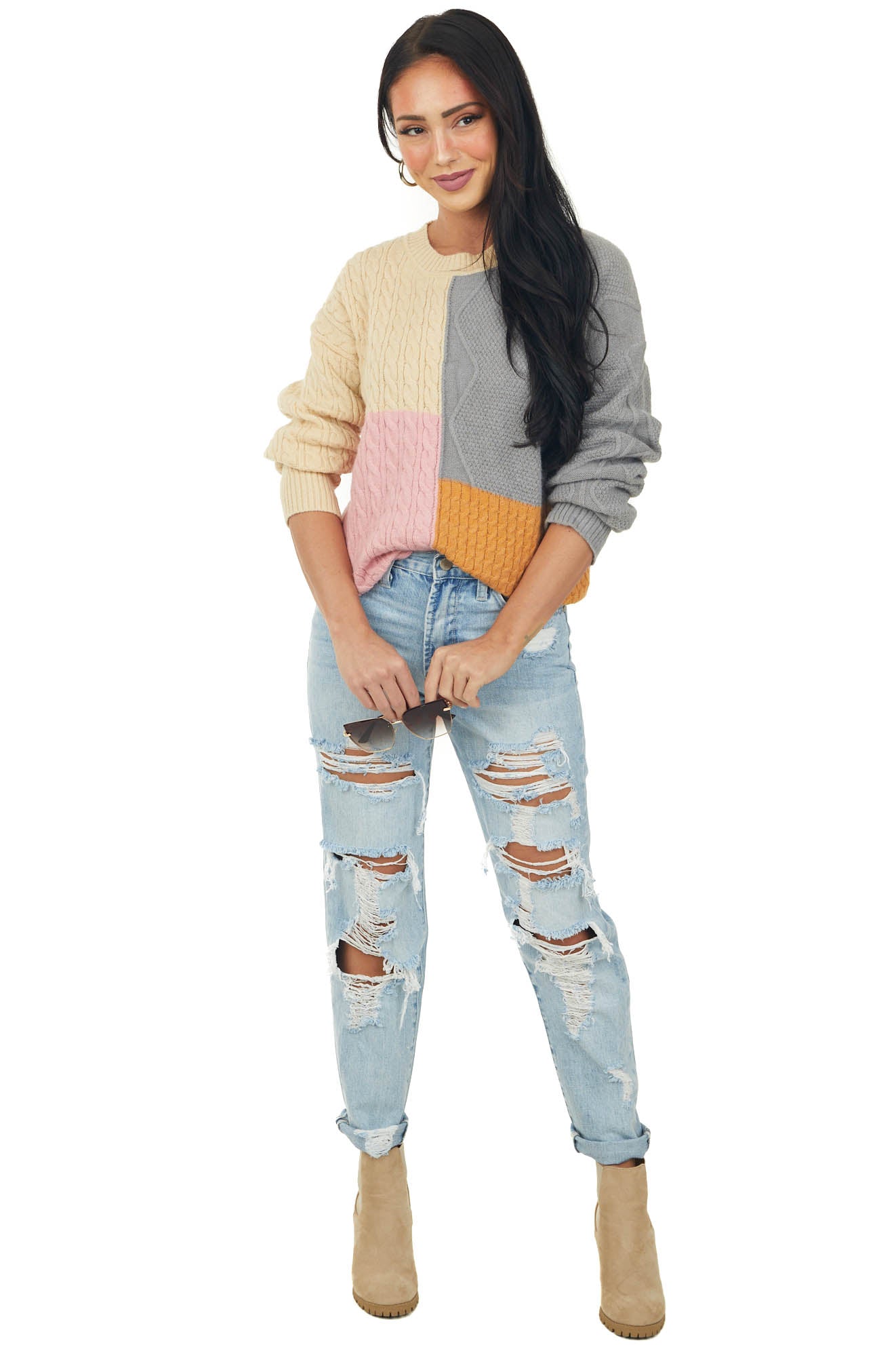 Beige Colorblock Long Sleeve Cable Knit Sweater