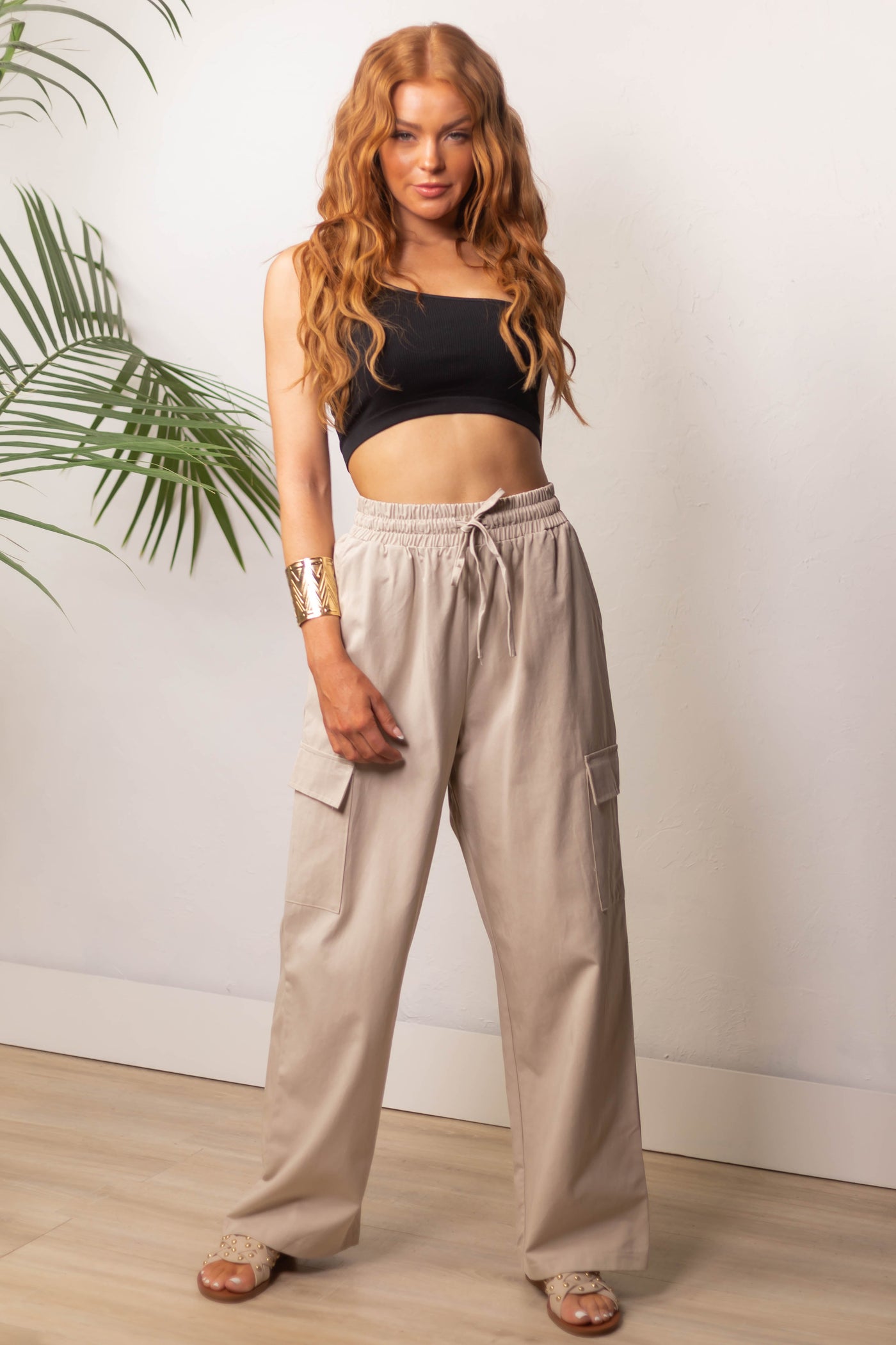 Beige Elastic Waist Wide Leg Cargo Pants