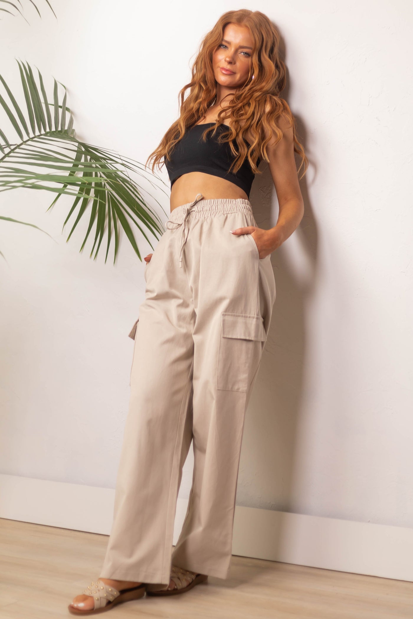Beige Elastic Waist Wide Leg Cargo Pants