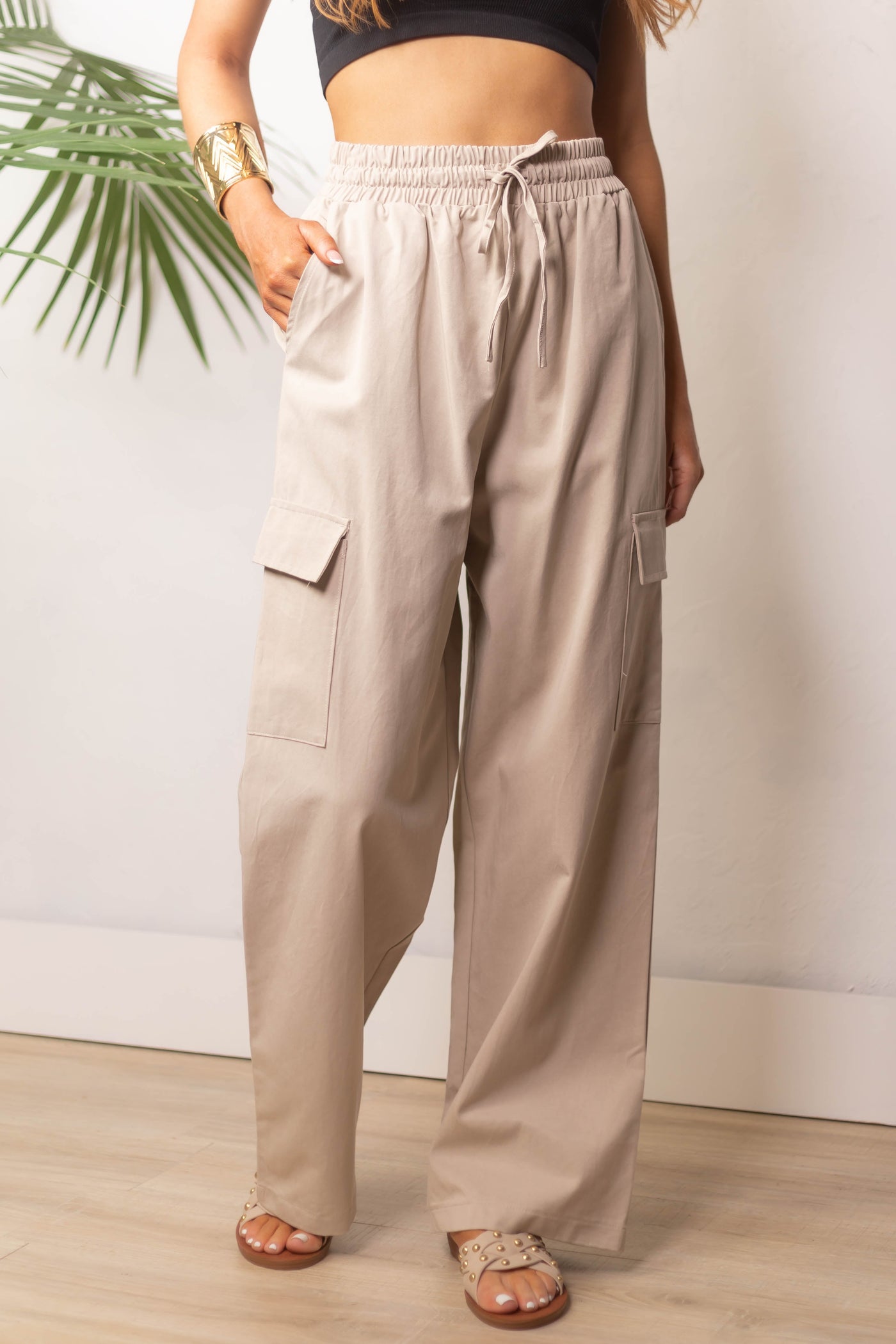 Beige Elastic Waist Wide Leg Cargo Pants