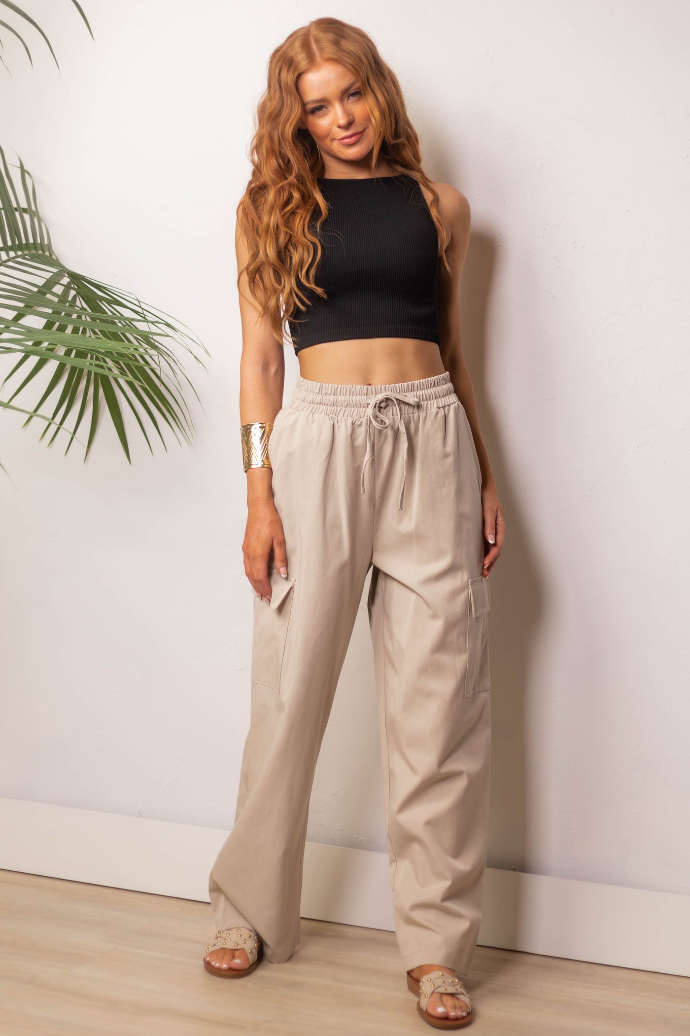 Beige Elastic Waist Wide Leg Cargo Pants