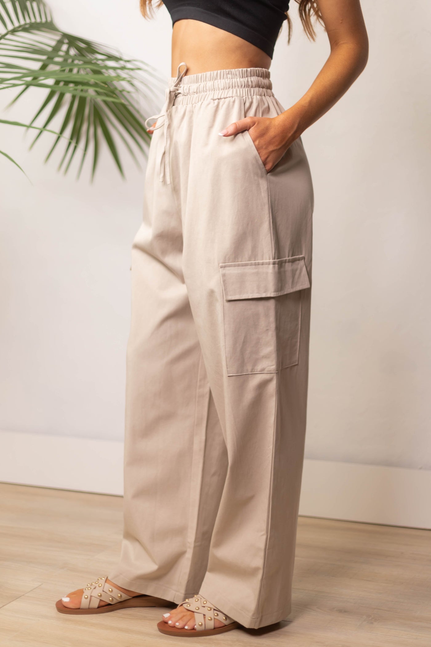 Beige Elastic Waist Wide Leg Cargo Pants