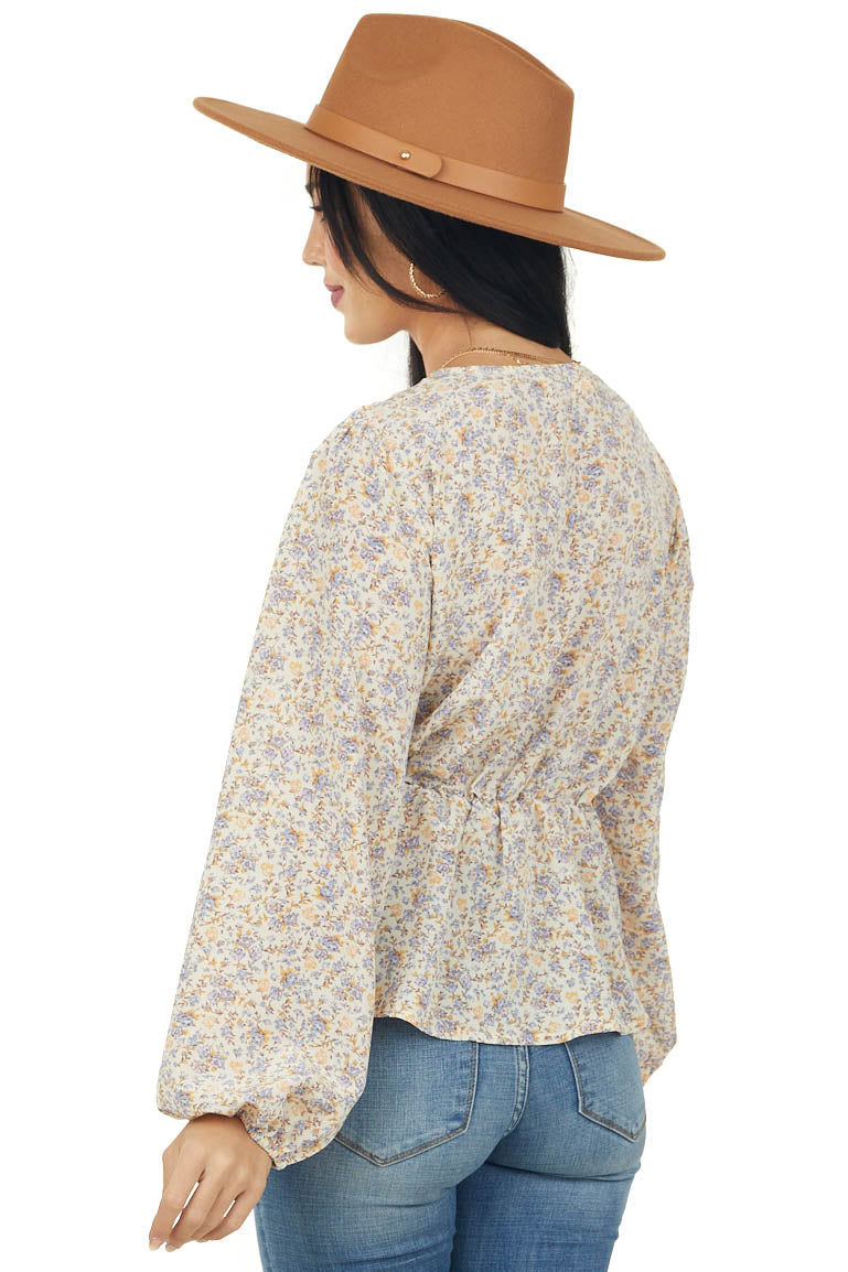 Beige Floral Bubble Sleeve Faux Wrap Blouse