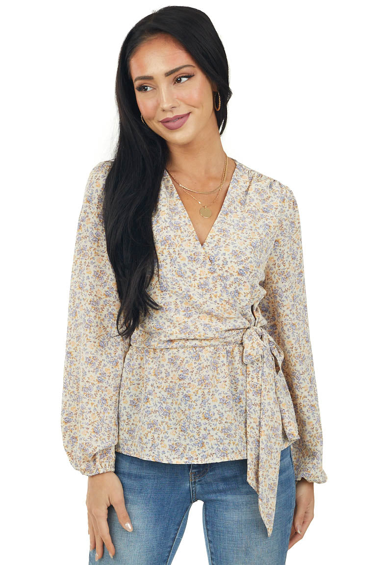 Beige Floral Bubble Sleeve Faux Wrap Blouse