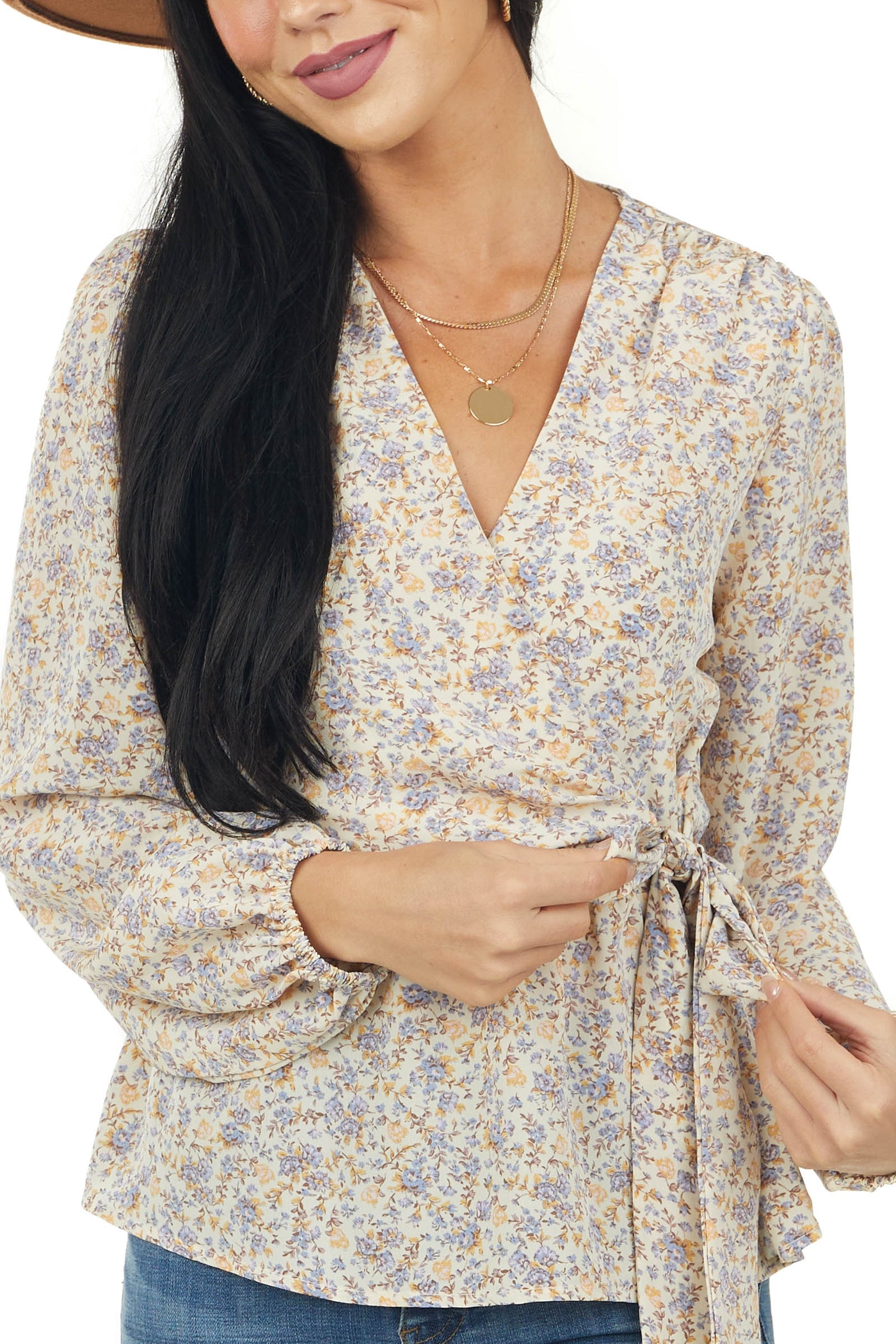 Beige Floral Bubble Sleeve Faux Wrap Blouse
