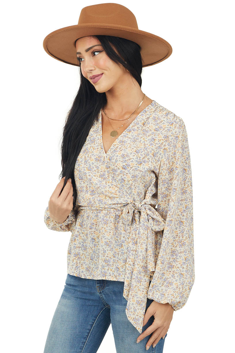 Beige Floral Bubble Sleeve Faux Wrap Blouse