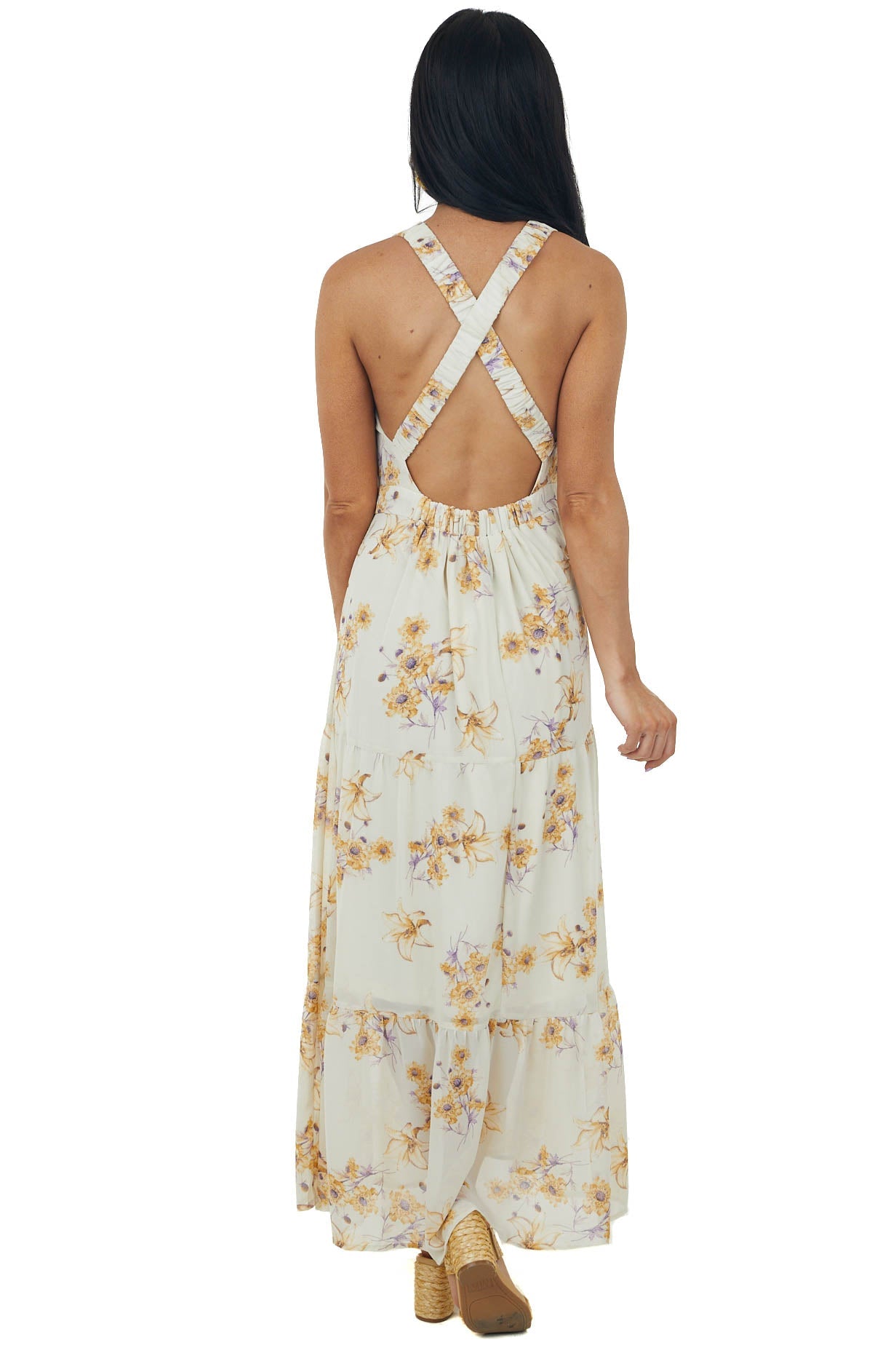 Beige Floral Criss Cross Open Back Maxi Dress