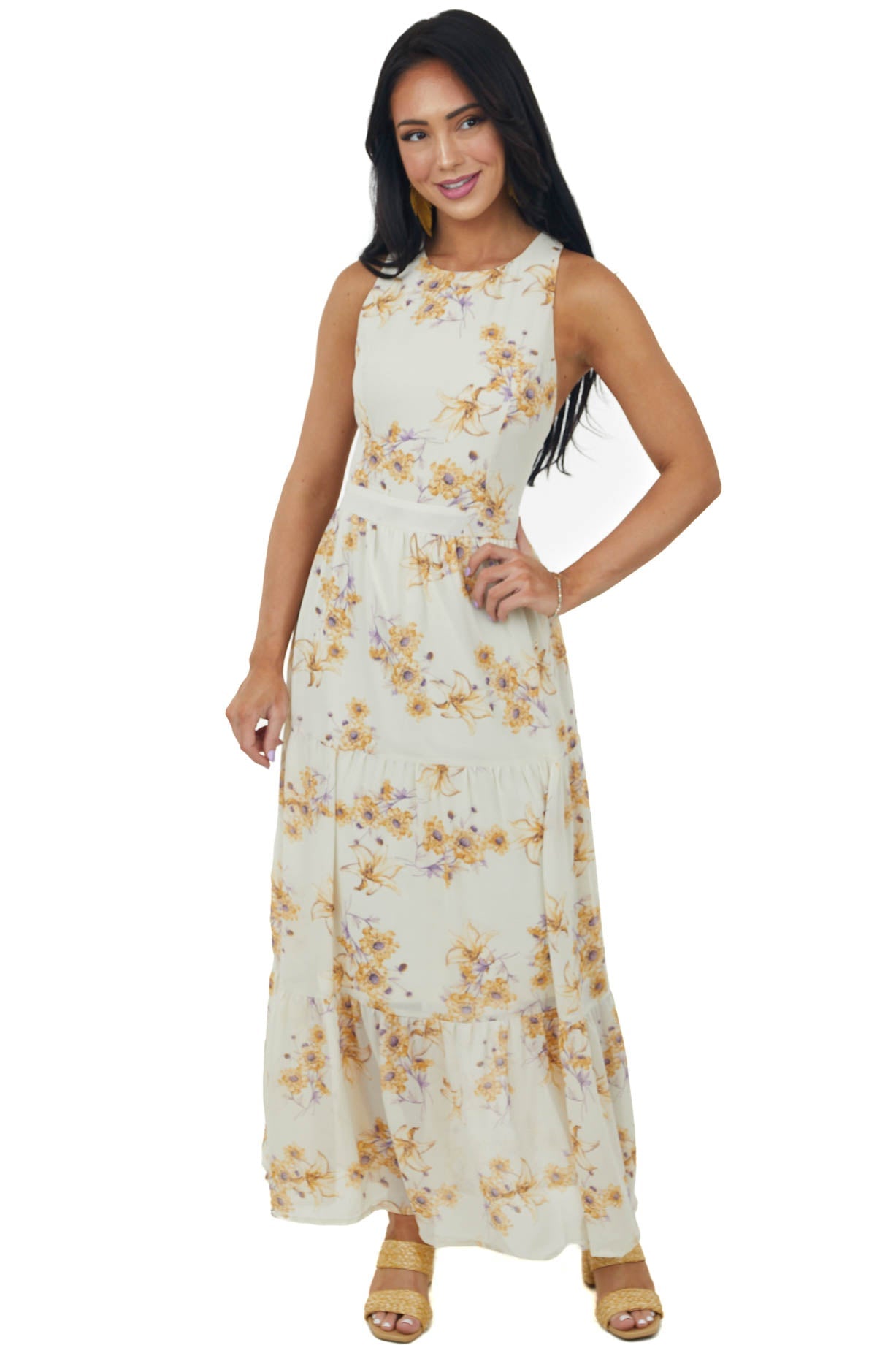 Beige Floral Criss Cross Open Back Maxi Dress