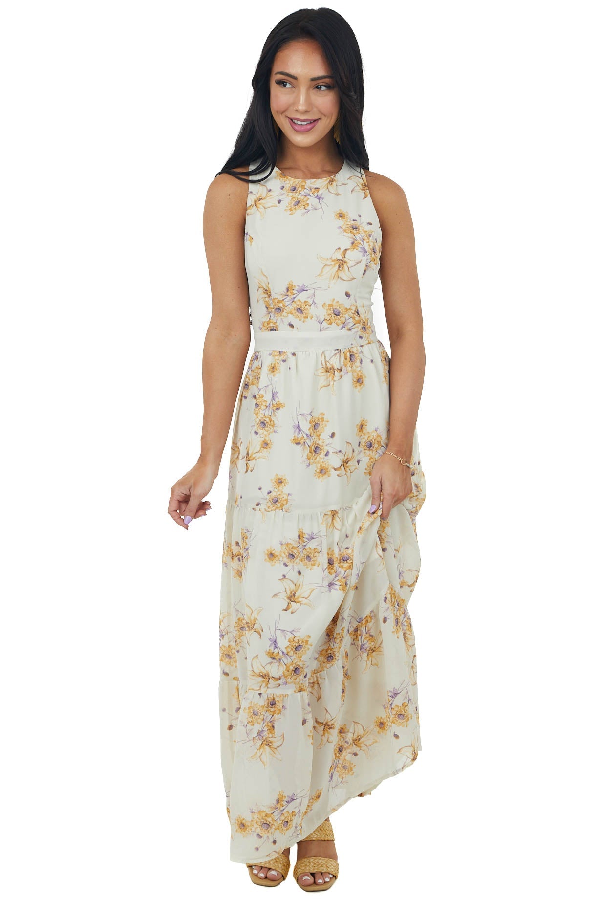 Beige Floral Criss Cross Open Back Maxi Dress