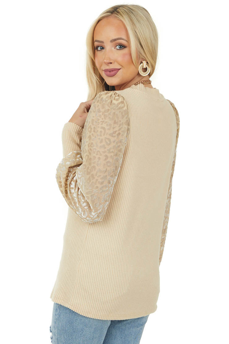 Beige Leopard Print Long Sleeve Contrast Top