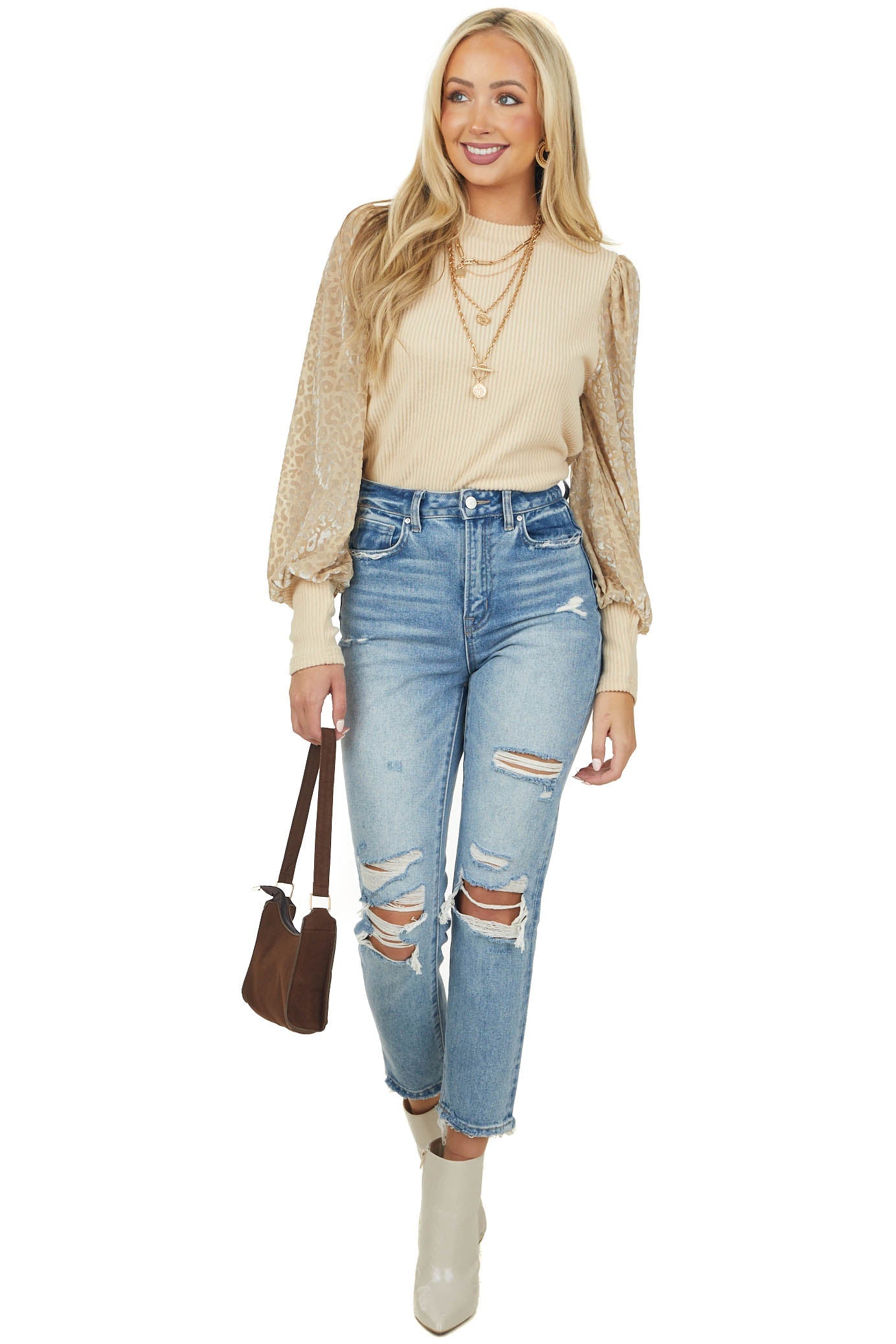 Beige Leopard Print Long Sleeve Contrast Top