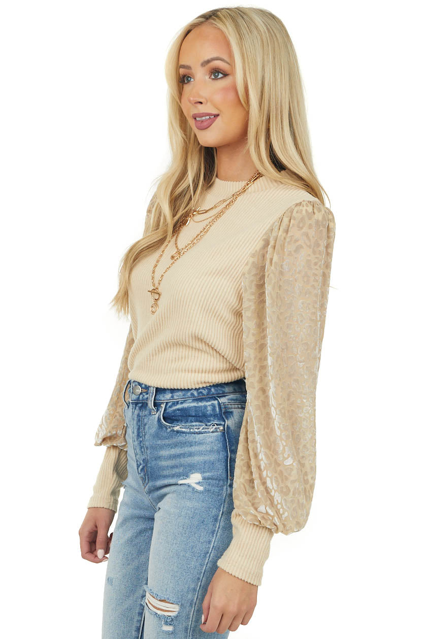 Beige Leopard Print Long Sleeve Contrast Top