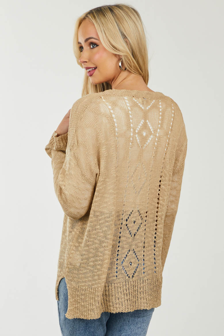 Beige Lightweight Knit Sweater with Pointelle Details