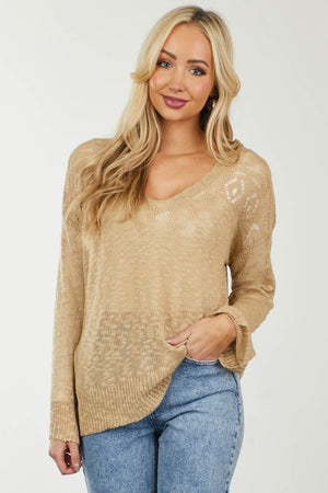 Beige Lightweight Knit Sweater with Pointelle Details