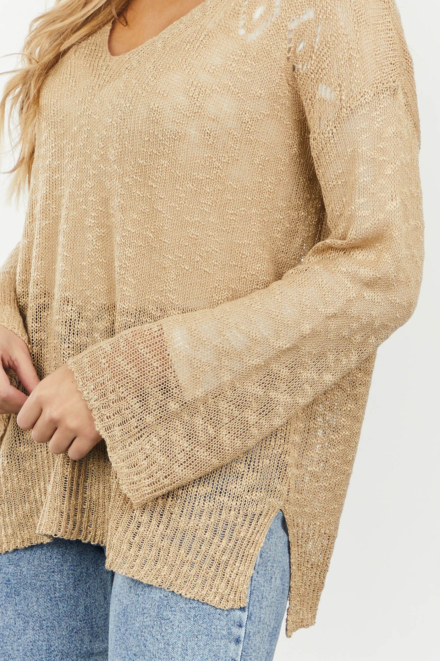 Beige Lightweight Knit Sweater with Pointelle Details
