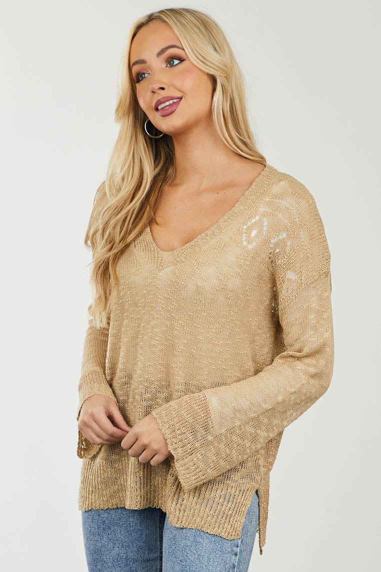 Beige Lightweight Knit Sweater with Pointelle Details