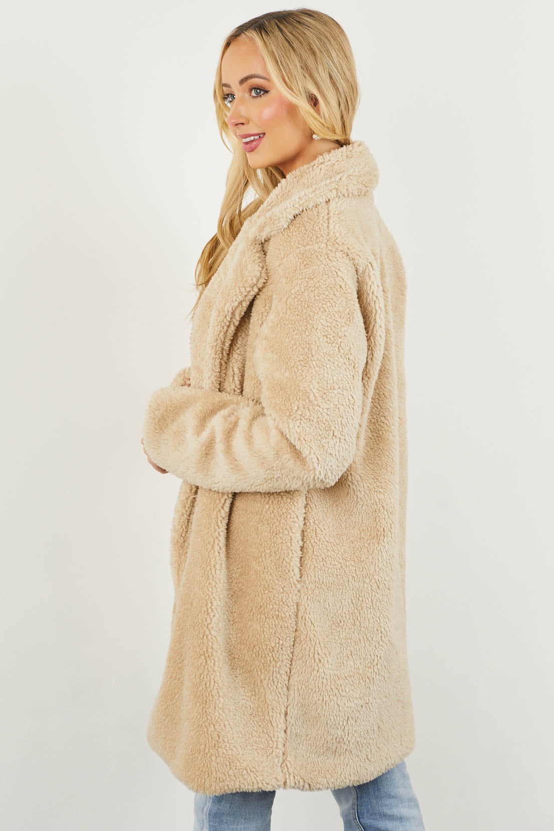 Beige Open Front Soft Teddy Coat