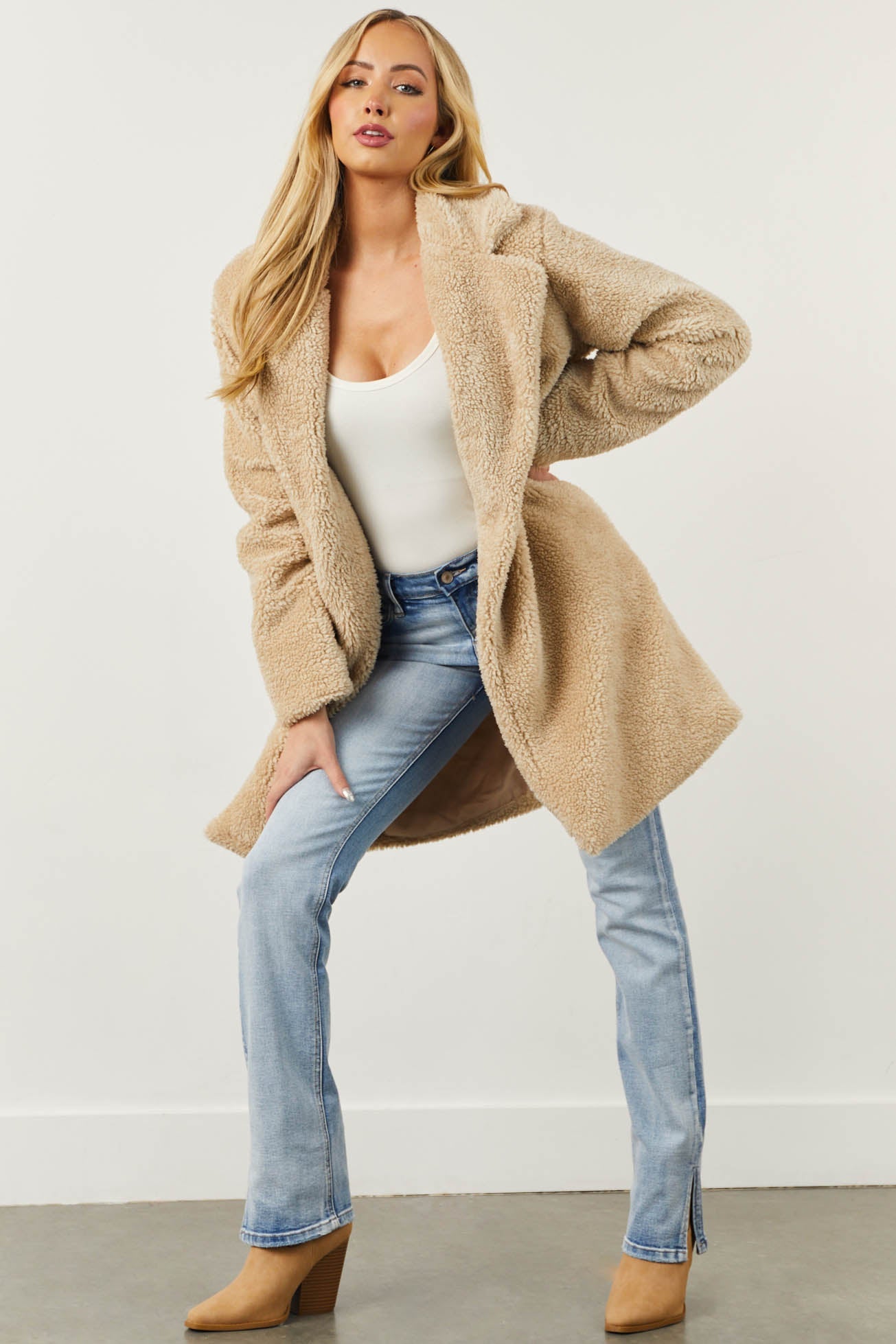 Beige Open Front Soft Teddy Coat