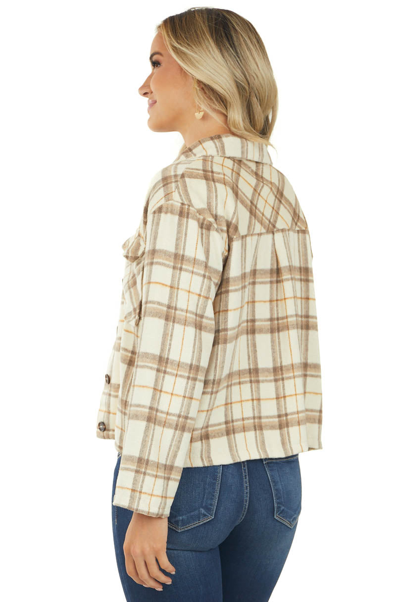 Beige Plaid Button Down Brushed Shirt Jacket
