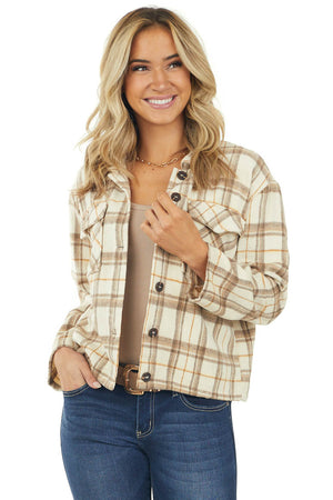 Beige Plaid Button Down Brushed Shirt Jacket