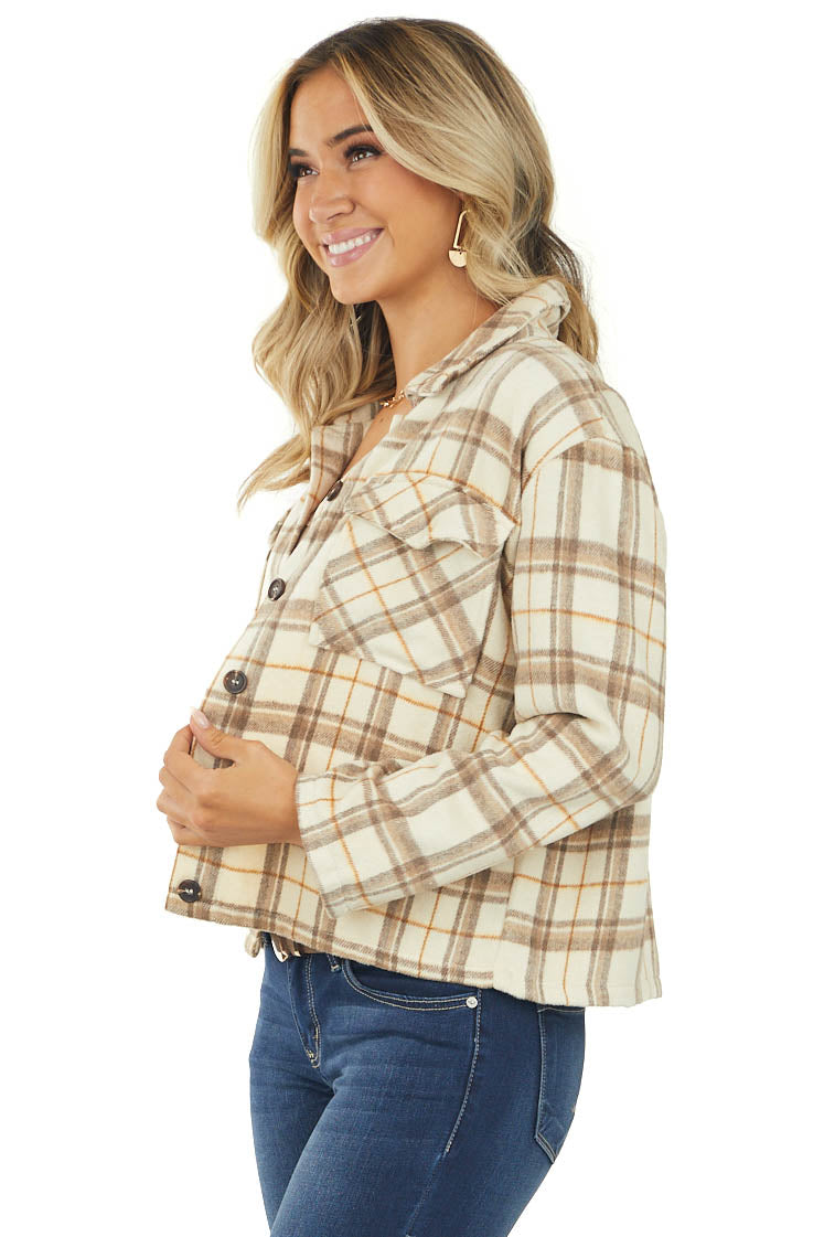 Beige Plaid Button Down Brushed Shirt Jacket
